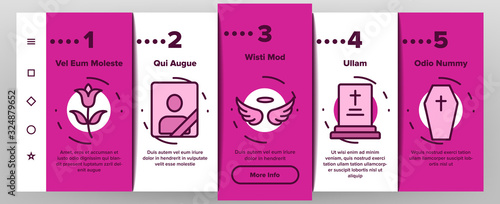 Funeral Burial Ritual Onboarding Icons Set Vector. Funeral Ceremony, Coffin And Bible, Car And Church, Broken Heart And Candle Illustrations