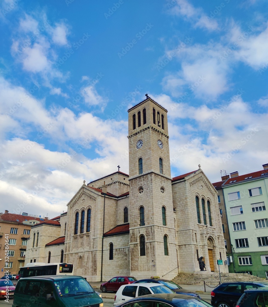 Old Beautiful Cathedral Arhitecture Building - And Blue sky in Europe Town (History) City