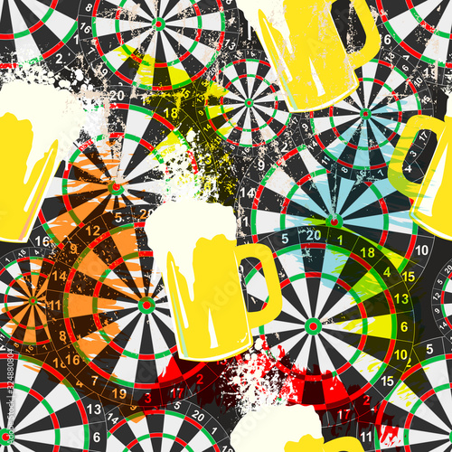 dart sport seamless background w. dartboard and pints of beer, symbol for the great darts events in 2020, grungy vector