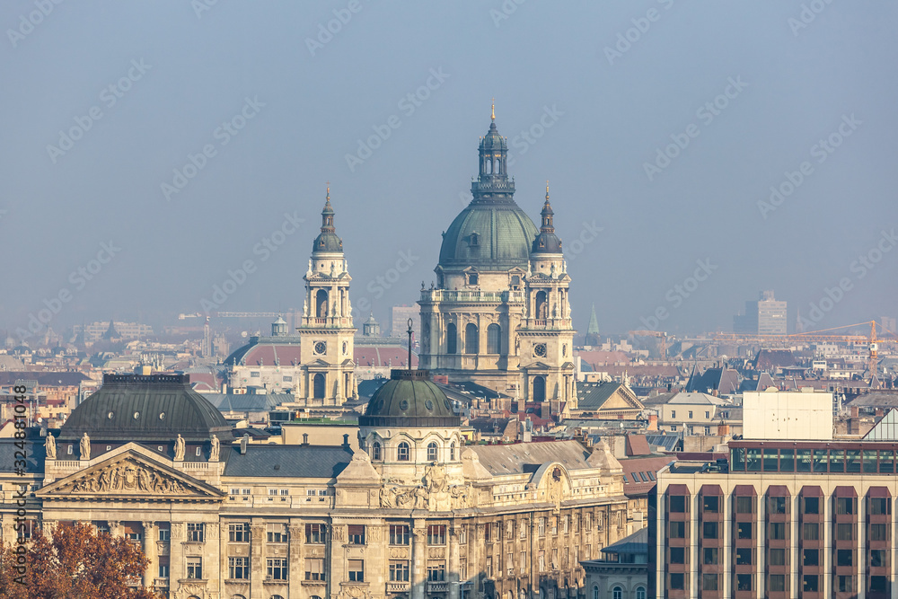 Aerial view about the towers of the famous St.Stephen's Basilica in Budapest