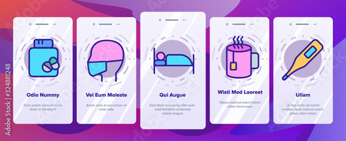 Flu Symptoms And Cure Onboarding Icons Set Vector. Cough And Lungs, Tablets And Wipes, Syringe And Injection, Flu Virus And Snot Illustrations