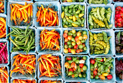 Canvas Print Top view of boxes with assorted multicolored chili peppers - World food concept