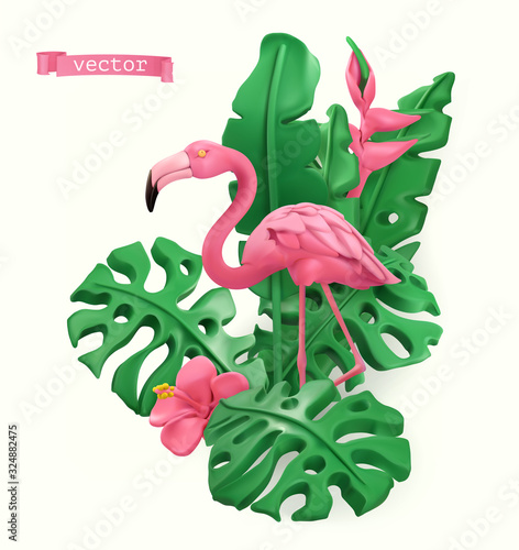 Flamingo and tropical leaves. Summer time concept. 3d vector objects. Plasticine art illustration