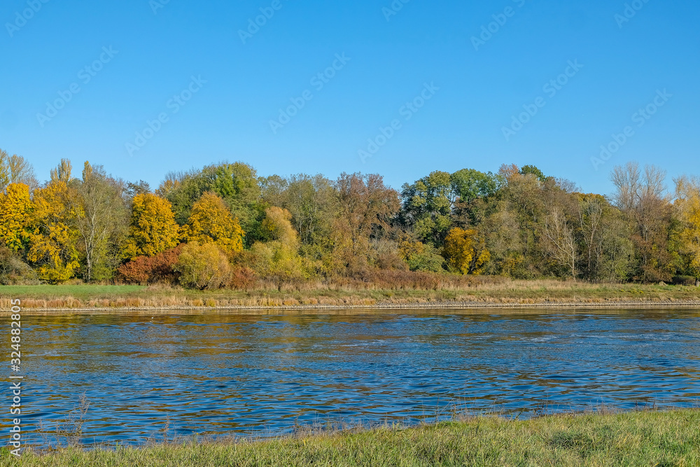 View of the river Elbe with trees and blue sky in the background
