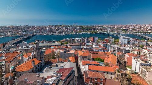 The view from Galata Tower to Galata Bridge timelapse Golden Horn, Istanbul, Turkey