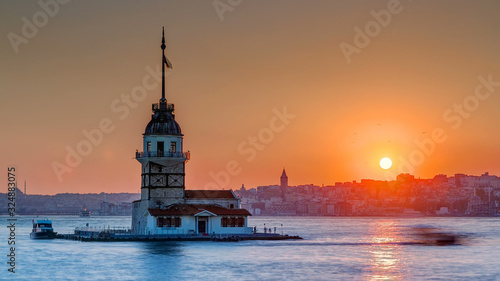 Maidens tower with beautiful sunset timelapse in istanbul, turkey, kiz kulesi tower © neiezhmakov