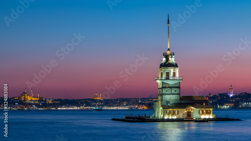 Leinwand Poster Maidens tower after beautiful sunset day to night timelapse in istanbul, turkey,