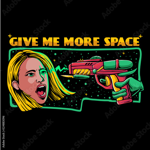 Alien vs human illustration. Woman shot by a laser gun. Give me more space. Pop art template design for sticker, tshirt, poster, or web landing page