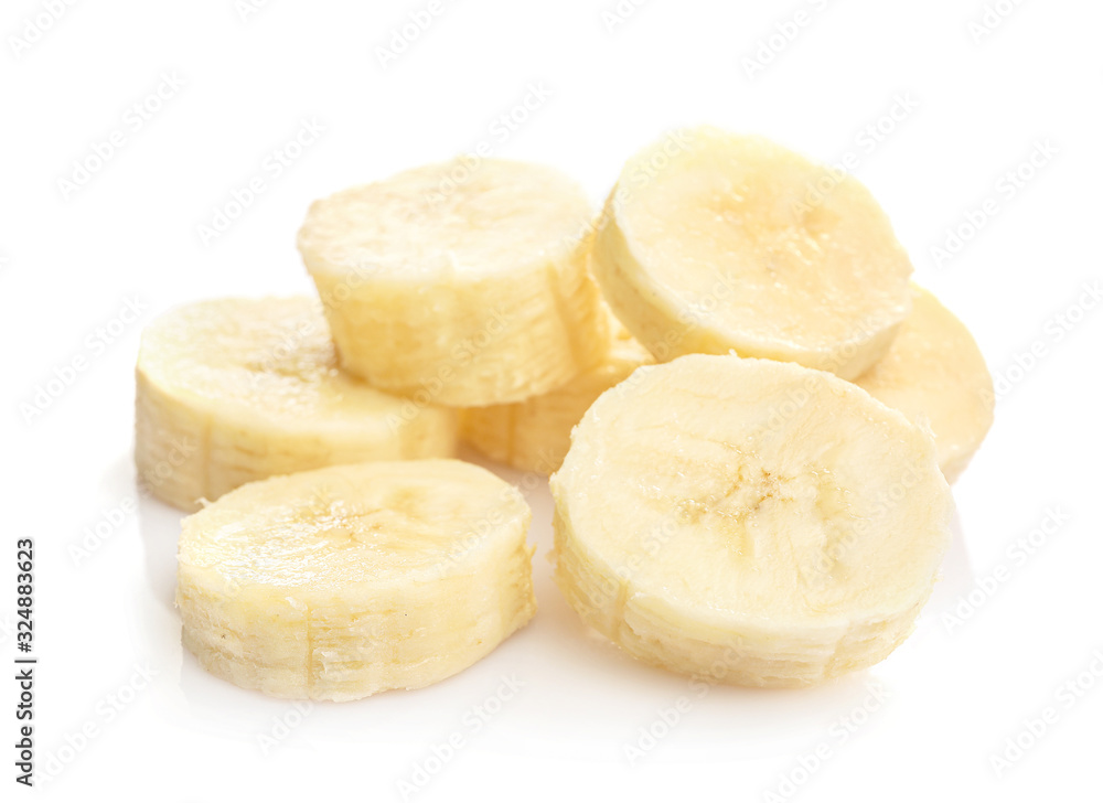 Ripe .banana slices isolated on white background. Ripe .banana slices isolated on white background.