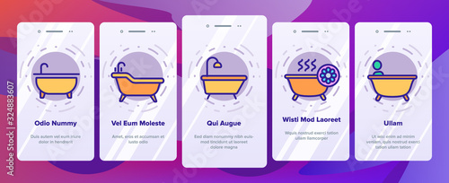 Bathtube And Shower Onboarding Icons Set Vector. Bathtube In Different Form, With Human And Full Soap Bubbles, Faucet And Towel Illustrations