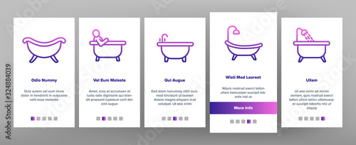 Bathtube And Shower Onboarding Icons Set Vector. Bathtube In Different Form, With Human And Full Soap Bubbles, Faucet And Towel Illustrations