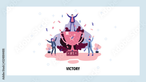 Man standing on a top of trophy celebrating victory. Business success concept. Award winner celebrates with his team. Vector web site design template. Landing page website illustration