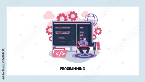 Computer engineer writes code. Programming and software development concept. Programmer, hacker, java language. Vector web site design template. Landing page website concept illustration