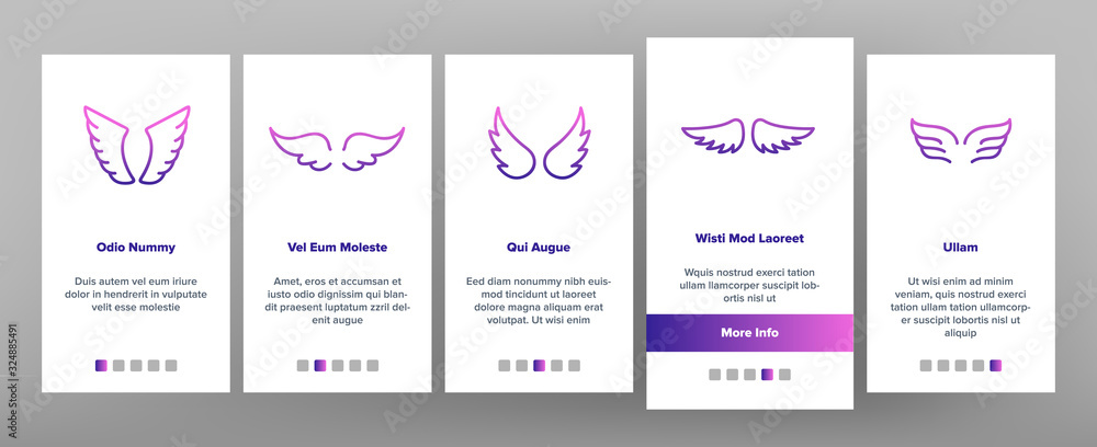 Angel Wings Flying Onboarding Icons Set Vector. Decorative Stylized Feather Flapping Angel Or Bird Flight Wings Illustrations
