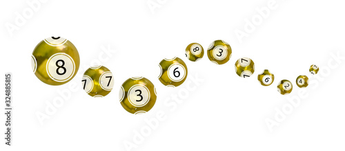 Vector golden lottery balls isolated on white background, curve line, perspective view, 3D objects.