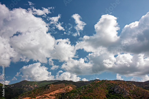 Panoramic view of a landscape with the vivid colors of the Mediterranean maquis, in Sardinia, Italy.