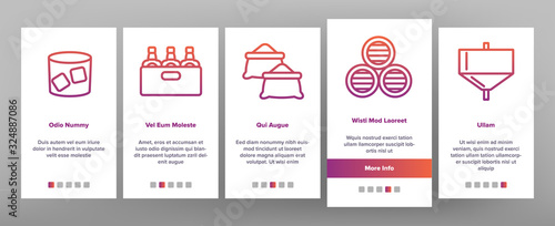 Whisky Alcoholic Drink Onboarding Icons Set Vector. Bottle And Wooden Barrel Whisky, Wheat And Glass With Alcohol Beverage Illustrations