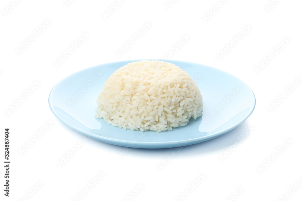 Blue plate with boiled rice isolated on white background Blue plate with boiled rice isolated on white background