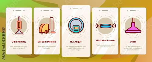 Vacuum Cleaner Device Onboarding Icons Set Vector. Industrial And Household, Handheld And Robotic, Canister Cleaner Home Appliance Illustrations