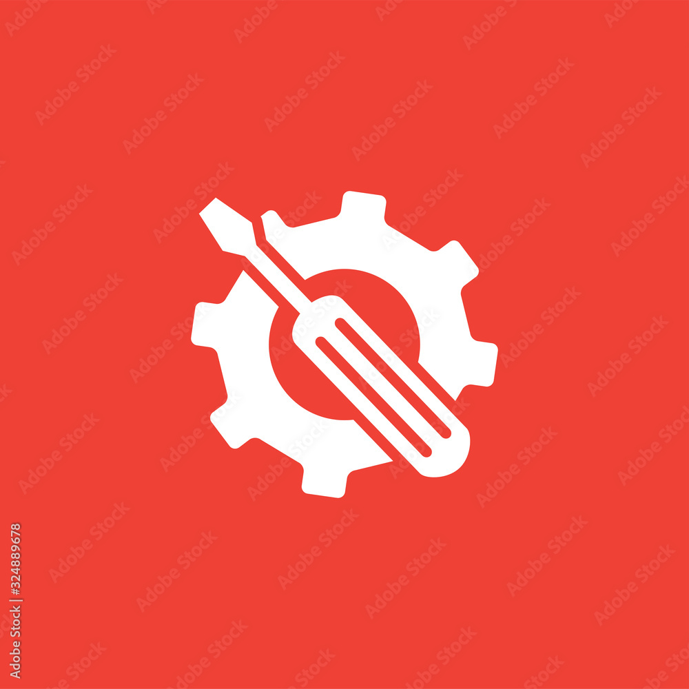 Service Tools Red Icon On White Background. Red Gear Wheel & Hammer Flat Style Vector Illustration Service Tools Red Icon On White Background. Red Gear Wheel & Hammer Flat Style Vector Illustration