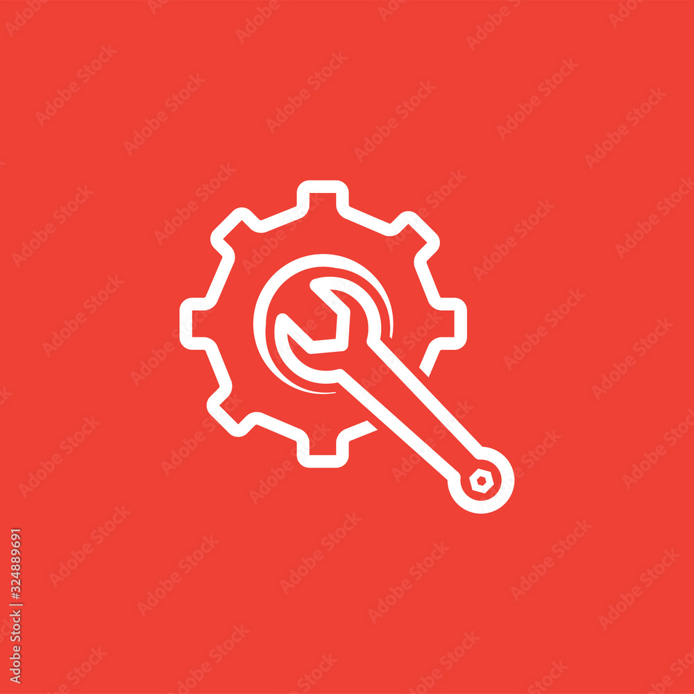 Service Tools Red Line Icon On White Background. Red Gear Wheel & Hammer Flat Style Illustration Service Tools Red Line Icon On White Background. Red Gear Wheel & Hammer Flat Style Illustration