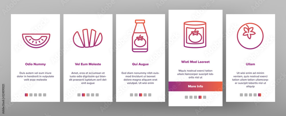 Tomato Vegetarian Food Onboarding Icons Set Vector. Tomato Ketchup And Juice In Glass, Vegetable Sliced Piece And Tree Illustrations