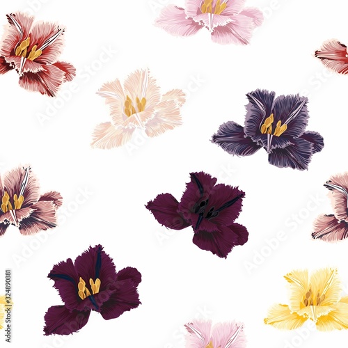 Spring flowers. Flower vintage seamless pattern. Oriental style. Spring colorful tulips on white background. Colorful backdrop for textiles, paper, wallpaper.