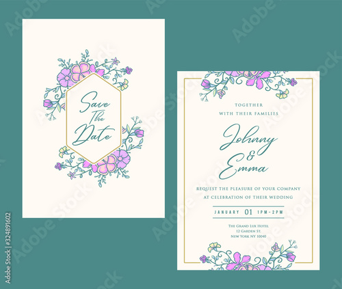 Wedding Invitation card templates with flowers, hand drawn line with digital color, vector illustration