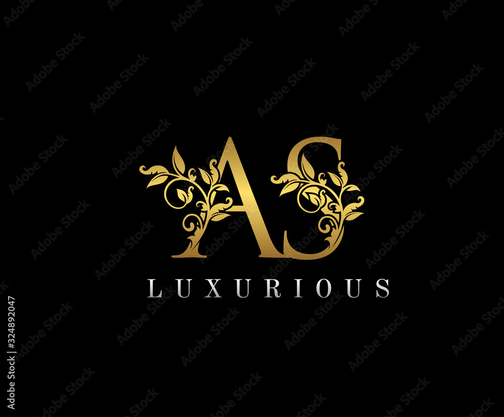 Classy letter A, S and AS Vintage Gold Floral Logo Icon, overlapping monogram logo, elegant luxury gold color on black background. Classy Letter Logo Icon.