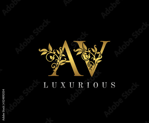 Classy letter A, V and AV Vintage Gold Floral Logo Icon, overlapping monogram logo, elegant luxury gold color on black background. Classy Letter Logo Icon.