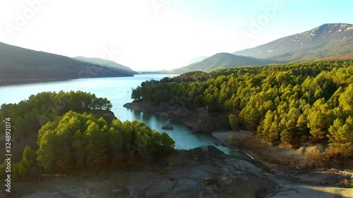 Yesa reservoir. Saragossa, Aragon, Spain. Europe. Aerial view. 4K.