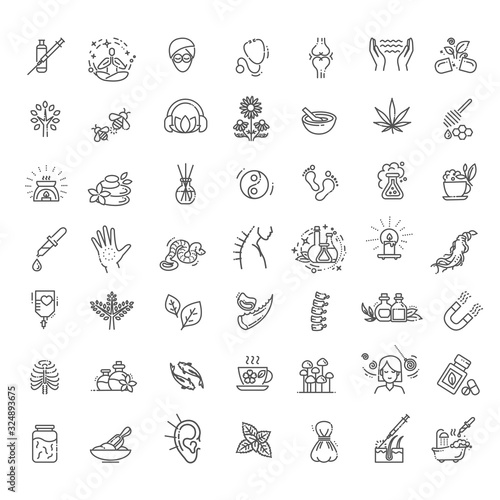 Set of vector illustrations of different kinds of alternative medicine