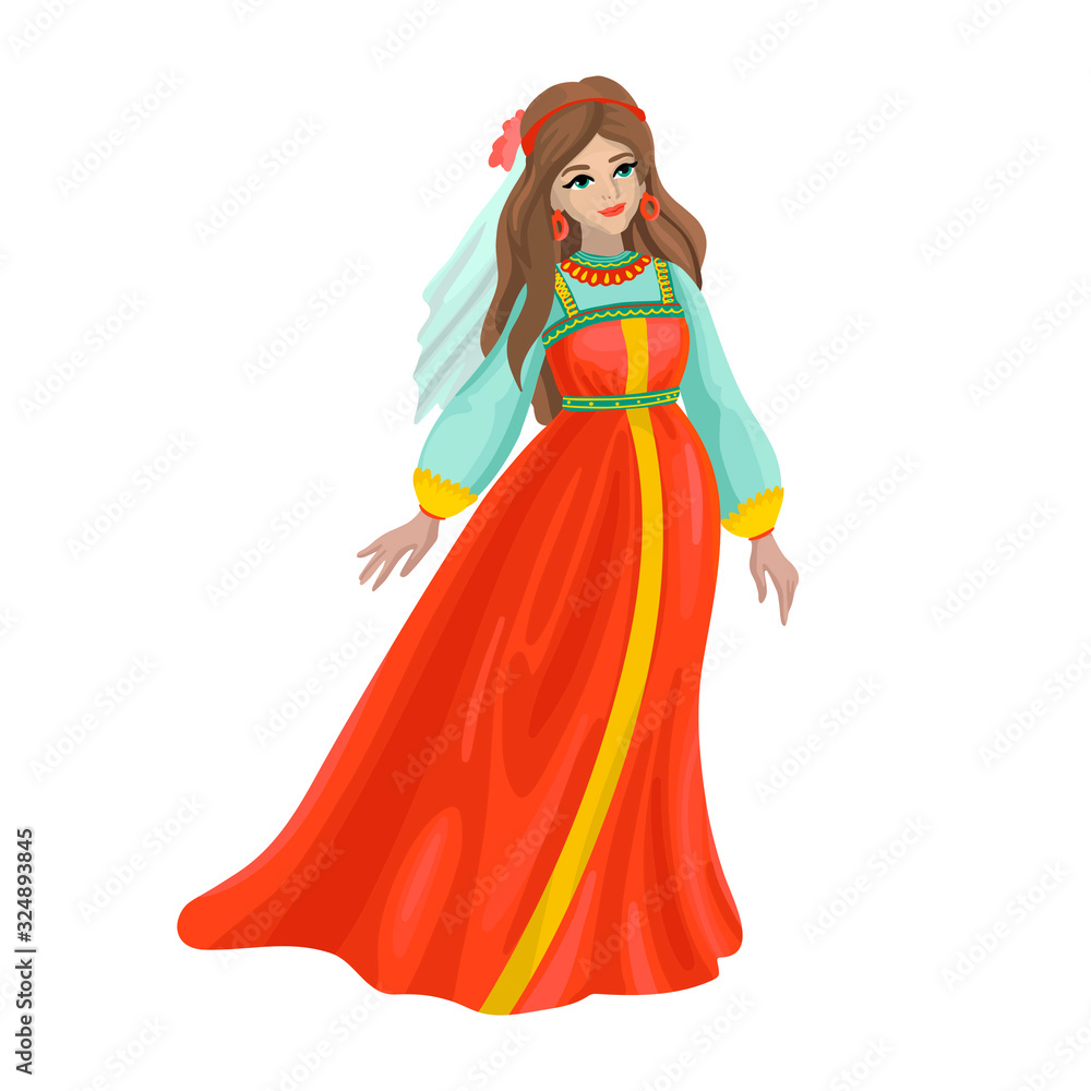 Russian girl in traditional folk dress. Vector illustration