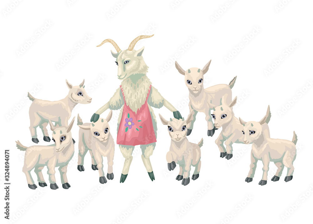 Obraz Mother goat with baby goats. Vector illustration