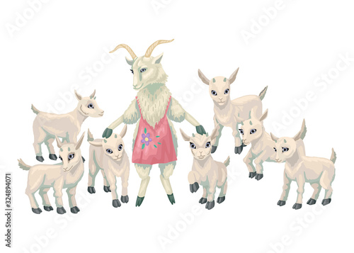 Mother goat with baby goats. Vector illustration