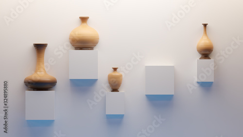3d Clay earthenware pottery vases and urns on display on plain white wall