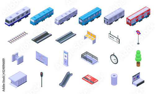 Subway train icons set. Isometric set of subway train vector icons for web design isolated on white background