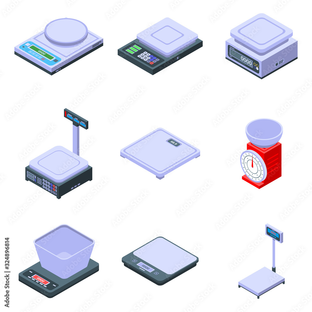 Weigh scales icons set. Isometric set of weigh scales vector icons for web design isolated on white background Weigh scales icons set. Isometric set of weigh scales vector icons for web design isolated on white background