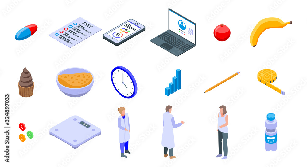 Nutritionist icons set. Isometric set of nutritionist vector icons for web design isolated on white background Nutritionist icons set. Isometric set of nutritionist vector icons for web design isolated on white background