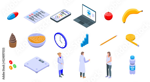 Nutritionist icons set. Isometric set of nutritionist vector icons for web design isolated on white background