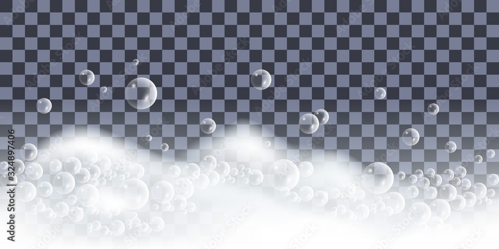 Fototapeta Soap foam with bubbles. Bath lather, set of isolated elements on transparent background. Vector illustration