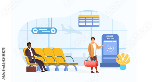 Departure lounge or waiting hall in an airport terminal with passengers awaiting their flight in a travel concept, colored vector illustration