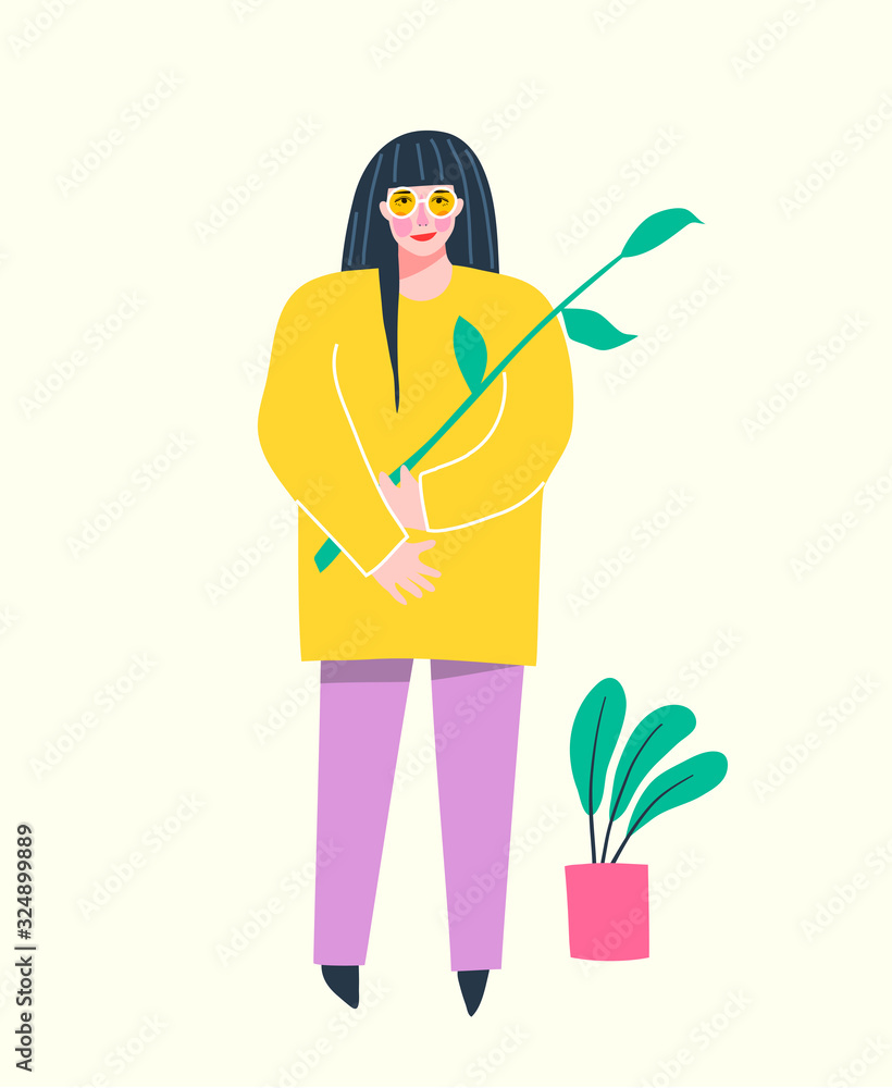 Woman standing with flowers girlish collage design modern fashion print. Woman standing with flowers girlish collage design modern fashion print.