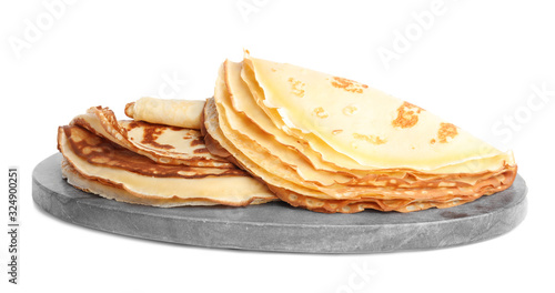 Delicious fresh thin pancakes isolated on white