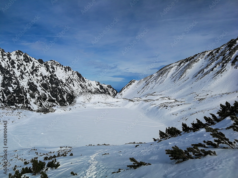 Winter scenery in the Valley of Five Polish Ponds in the Tatra Mountains