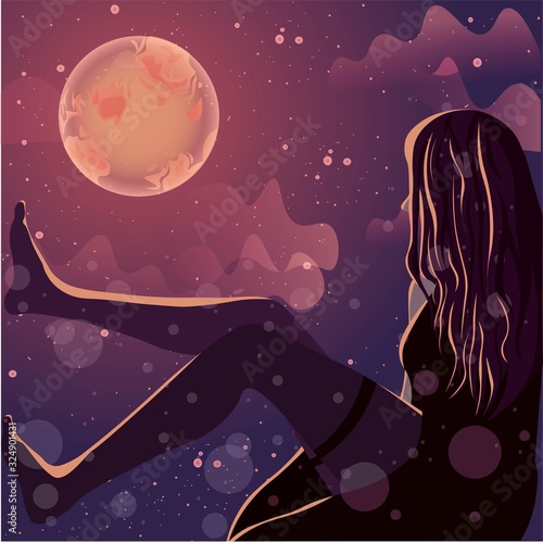 Female silhouette glowing under the moonlight. Fantasy landscape of the starry night sky.