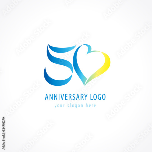 Anniversary 50 years hearts vector digit logo. Birthday greetings with framed tape heart shape. Holiday abstract numbers. Lovely card with celebrating figures 50 th.