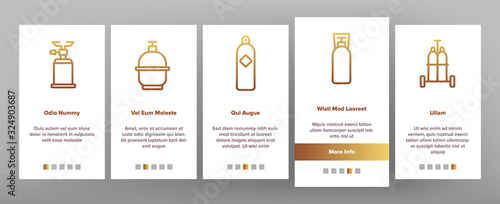 Gas Cylinder Equipment Onboarding Icons Set Vector. Gas Cylinder, Container With Flame Mark, Burner Canister With Burn Illustrations
