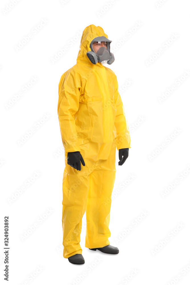 Man wearing chemical protective suit on white background. Virus research Man wearing chemical protective suit on white background. Virus research