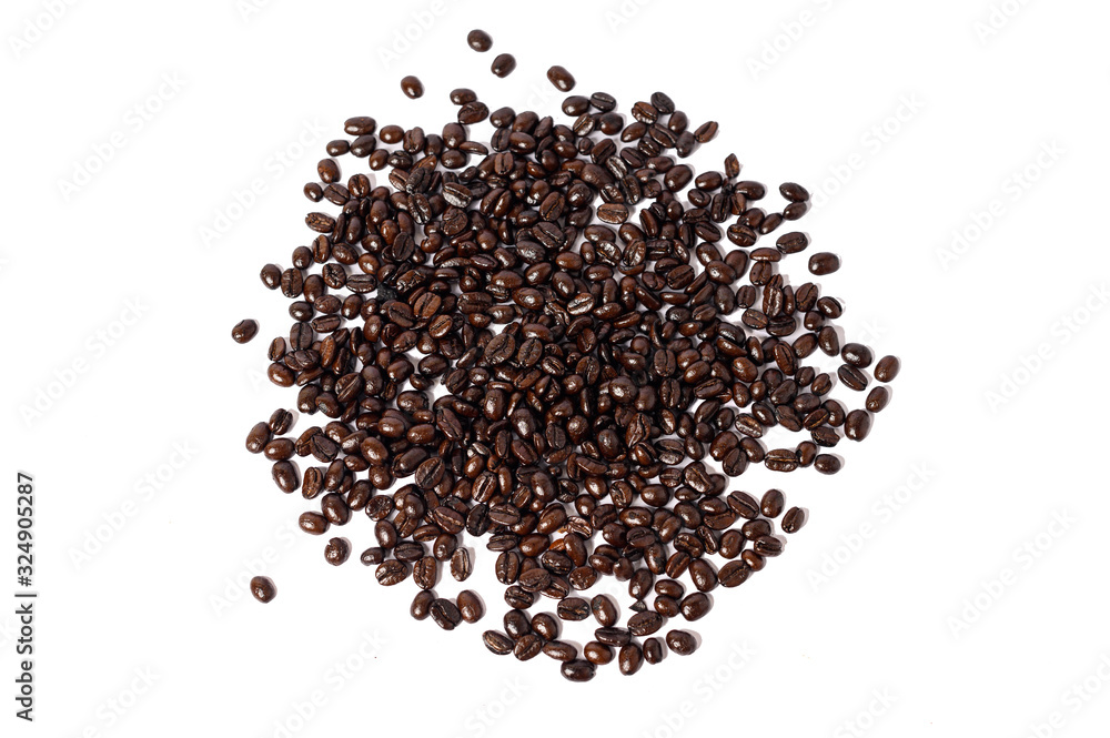 Roasted coffee beans isolated on white background in Top view. Roasted coffee beans isolated on white background in Top view.